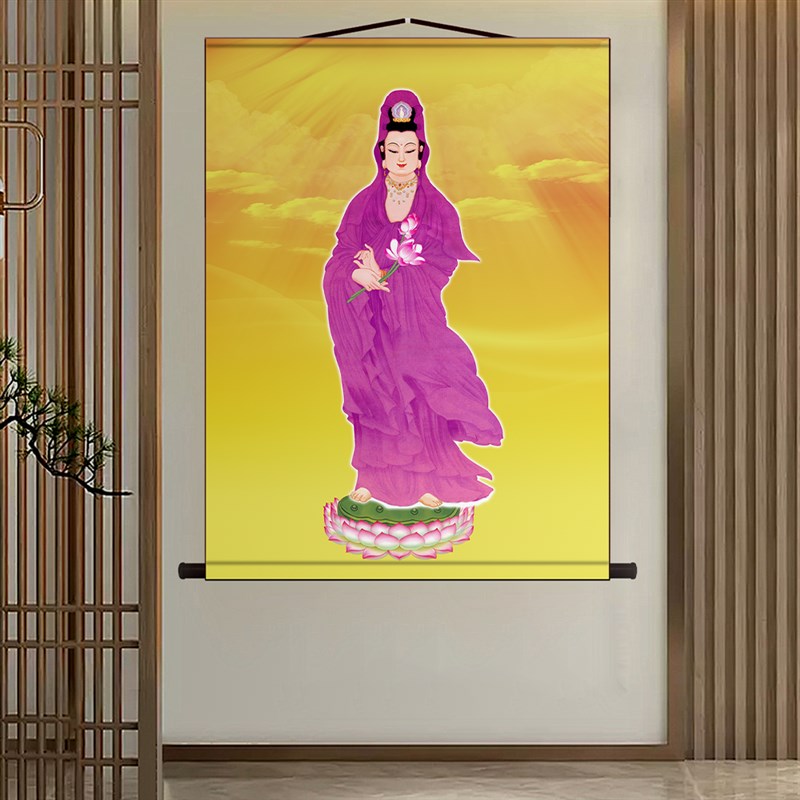 紫衣观音菩萨画像挂画观世音佛像古典中式丝绸卷轴挂画装饰画定制