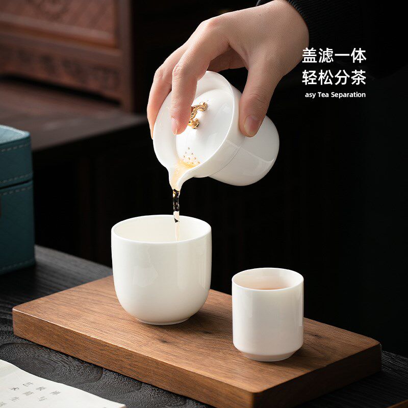 白瓷快客杯一壶一杯子单个人专用手抓泡茶壶茶杯便携旅行茶具套装