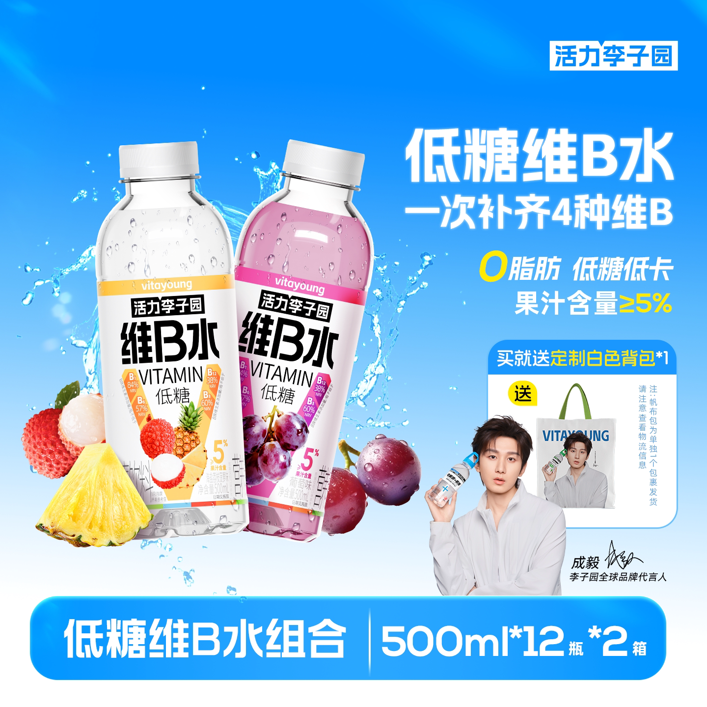活力李子园维B水低糖0脂肪菠萝味青苹果味维生素饮料500ml*12瓶*2