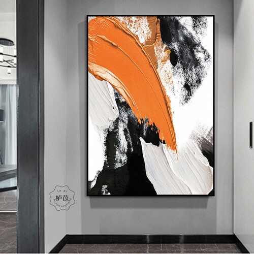油画仿手绘黑白橙立体装饰画现代客厅抽象玄关走廊沙发背景墙挂画