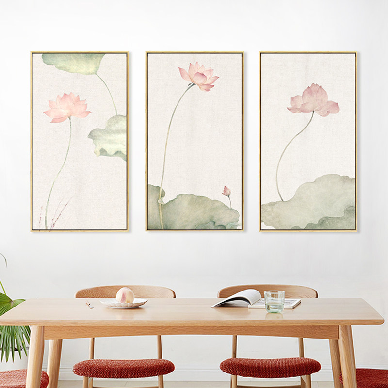 新中式禅意三联装饰画荷花玄关画客厅挂画手绘工笔画茶室背景墙画