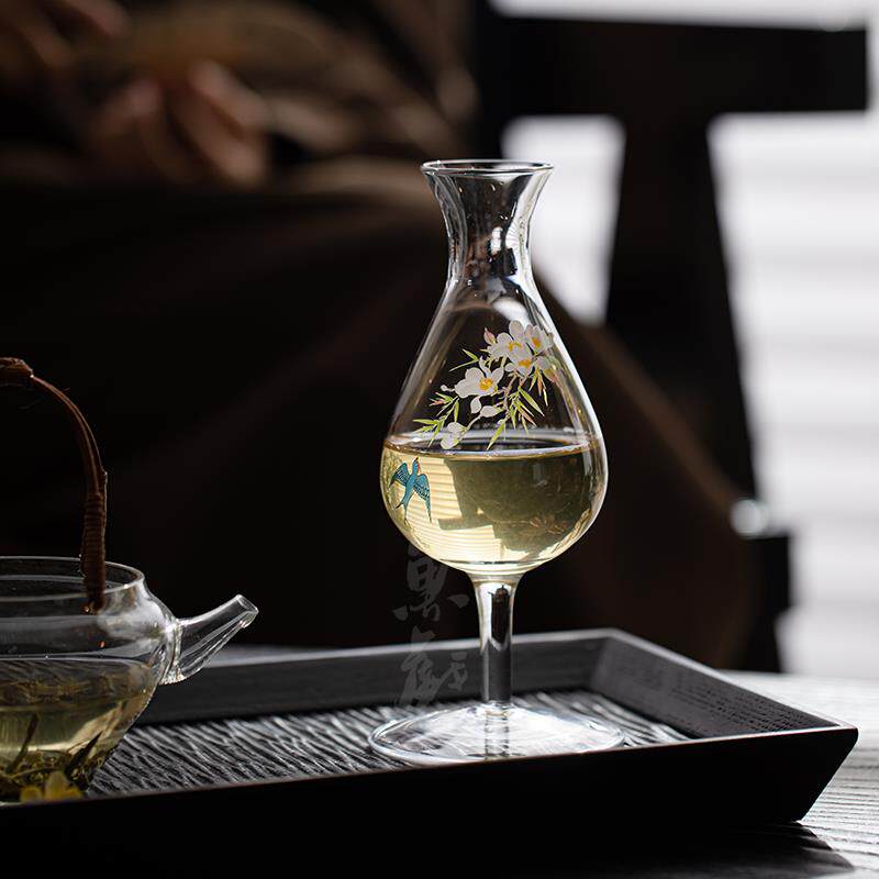 鱼戏手工贴花耐热玻璃高足茶杯绿茶品茗杯家用主人杯单杯洋酒杯子