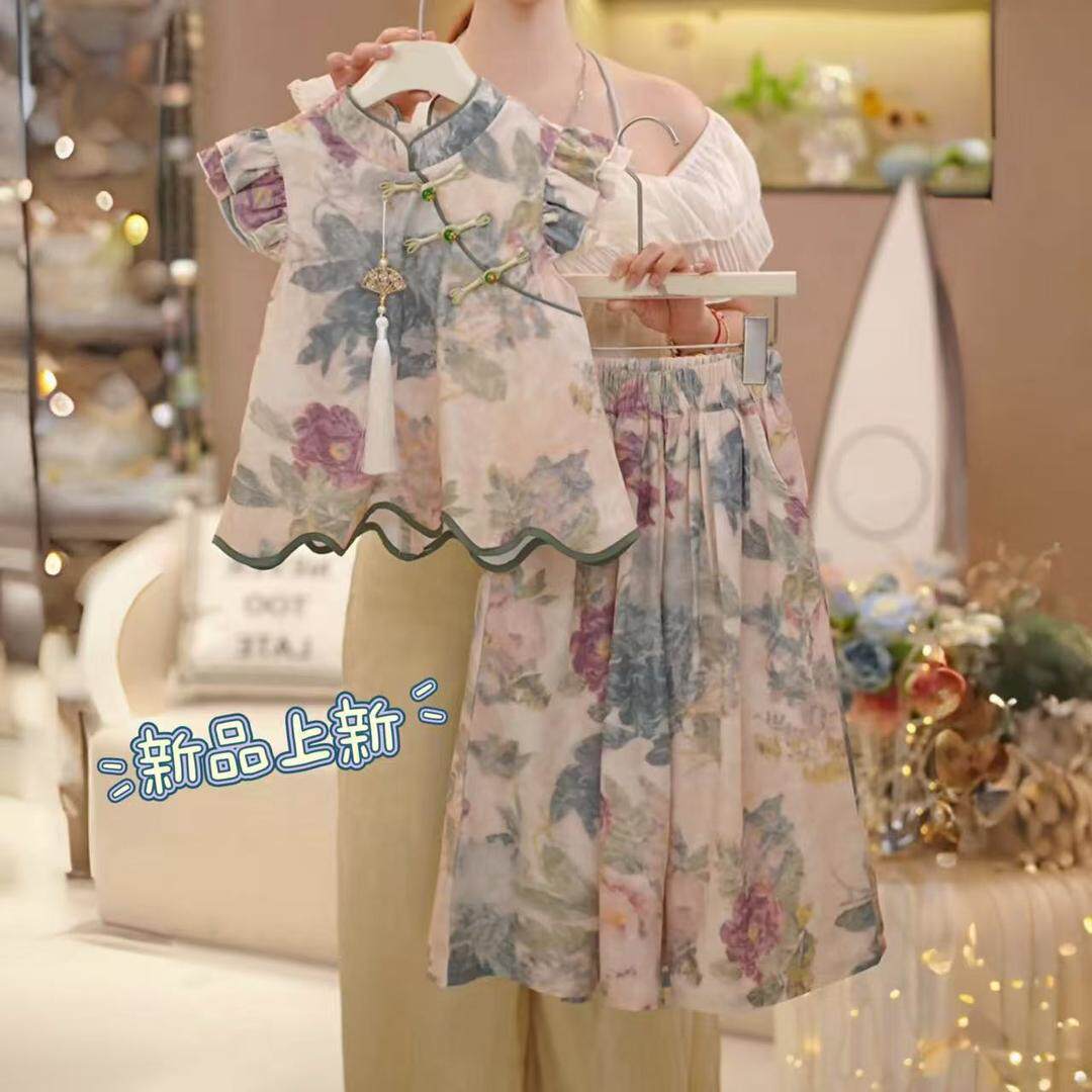 女童装2026新款国风新中式盘扣背心裙复古裤子套装6208