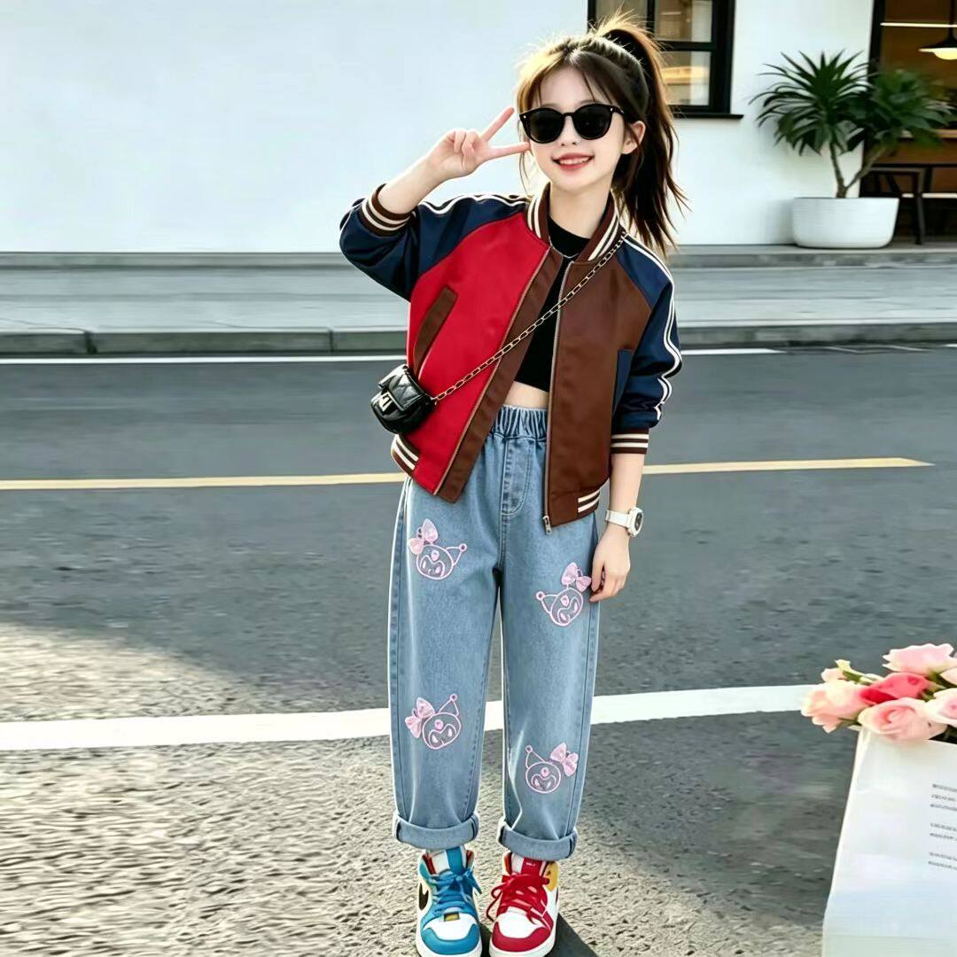 女童牛仔裤子2025新款春秋季女宝宝时髦卡通休闲绣花蝴蝶结牛仔裤
