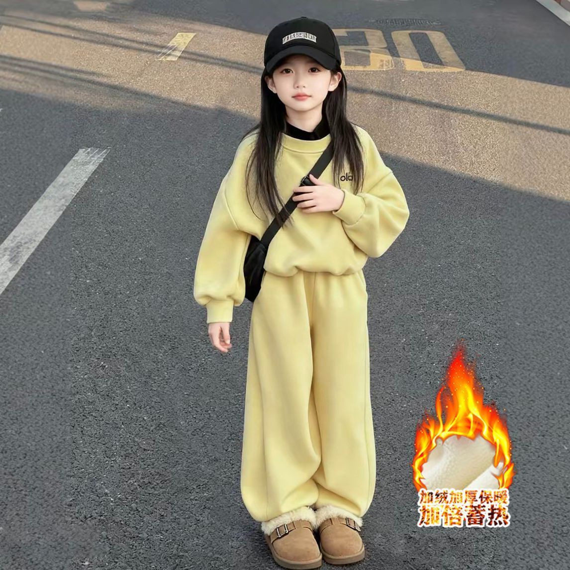 女童冬装一体绒卫衣卫裤两件套新款中大童韩版加绒宽松套装潮