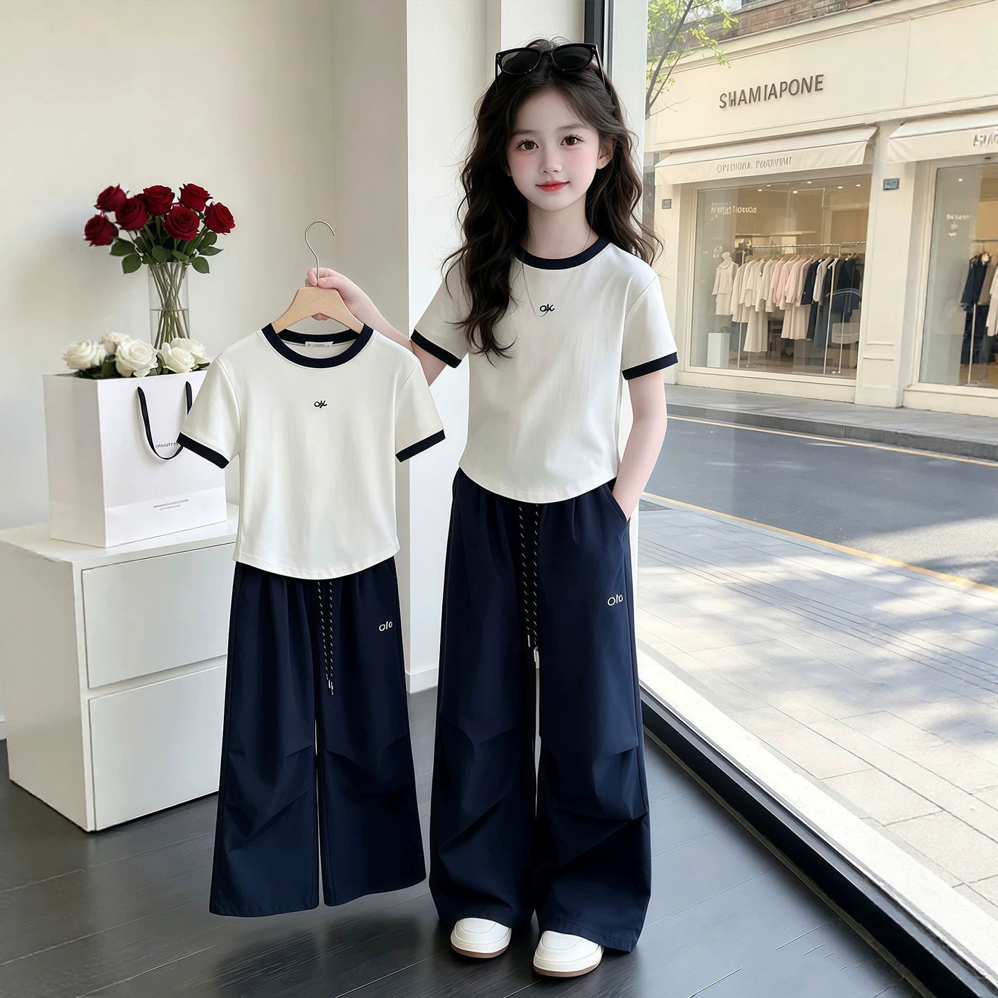 女童夏季韩版休闲短袖T恤套装2026新款女孩夏装薄款阔腿裤两件套
