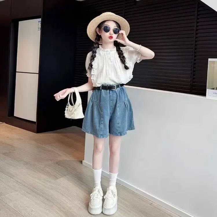 女童夏装套装韩系洋气娃娃衫短袖上衣中大童牛仔五分短裤子