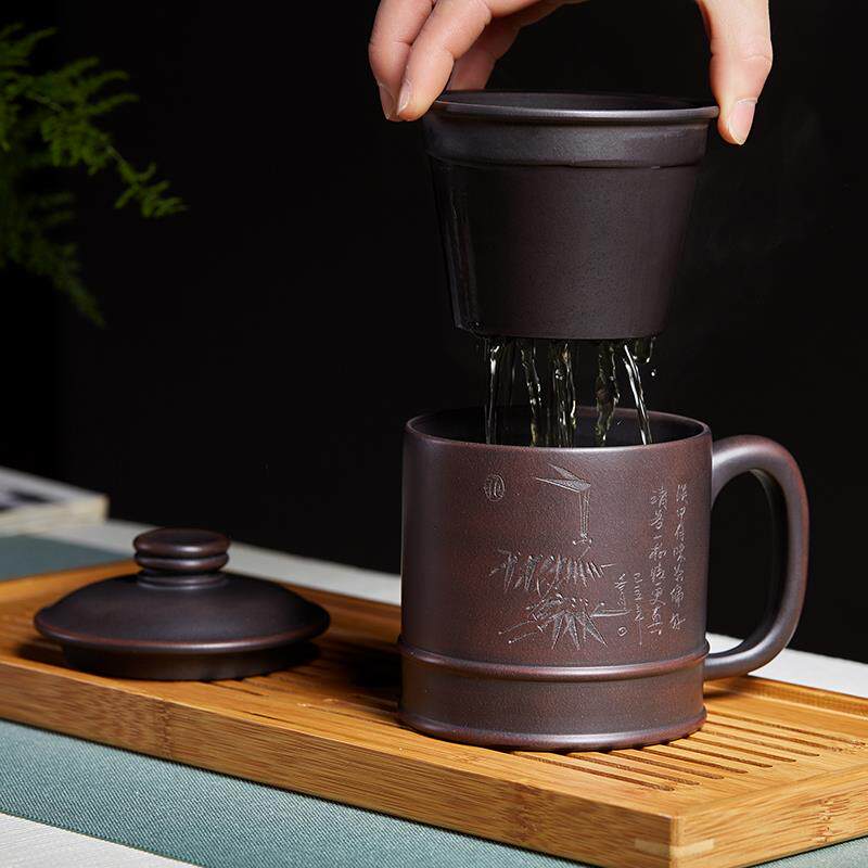 宜兴原矿紫砂盖杯窑变紫砂杯泡茶杯男士个人专用办公室杯功夫茶杯