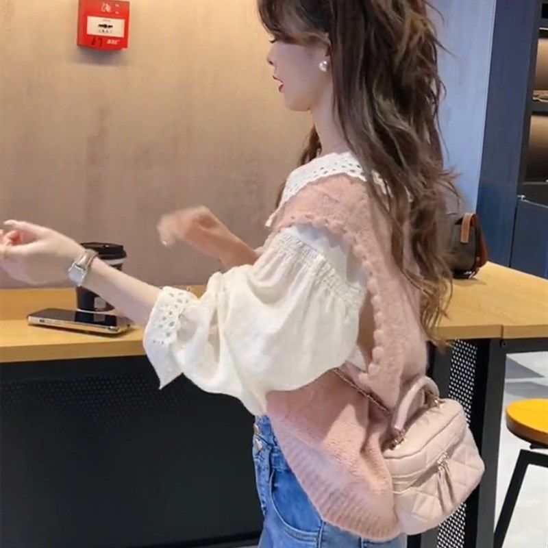 春装成套搭配一整套设计感蕾丝翻领衬衫上衣女粉色针织马甲两件套