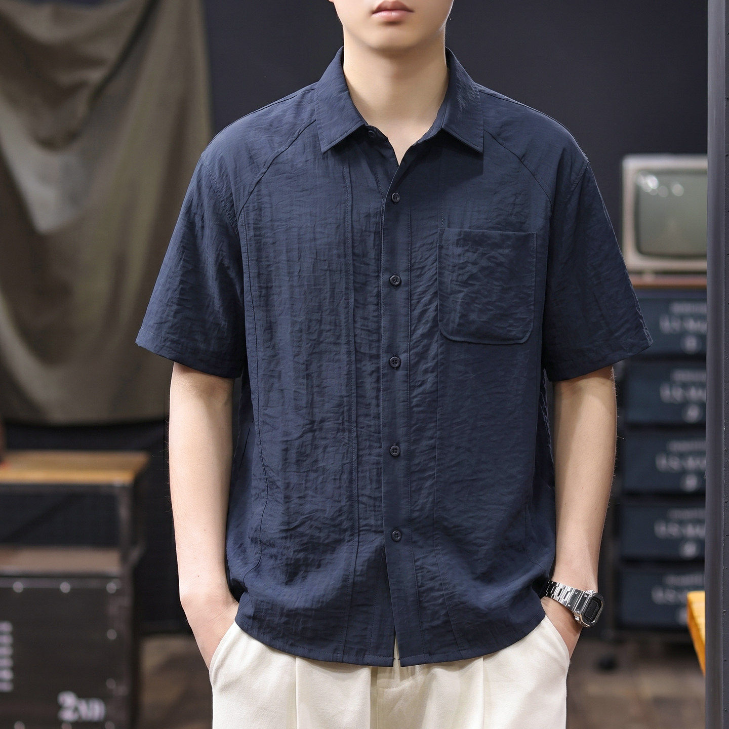 120g轻薄褶皱亚麻透气短袖衬衫男士2026夏季新款宽松百搭半袖T恤