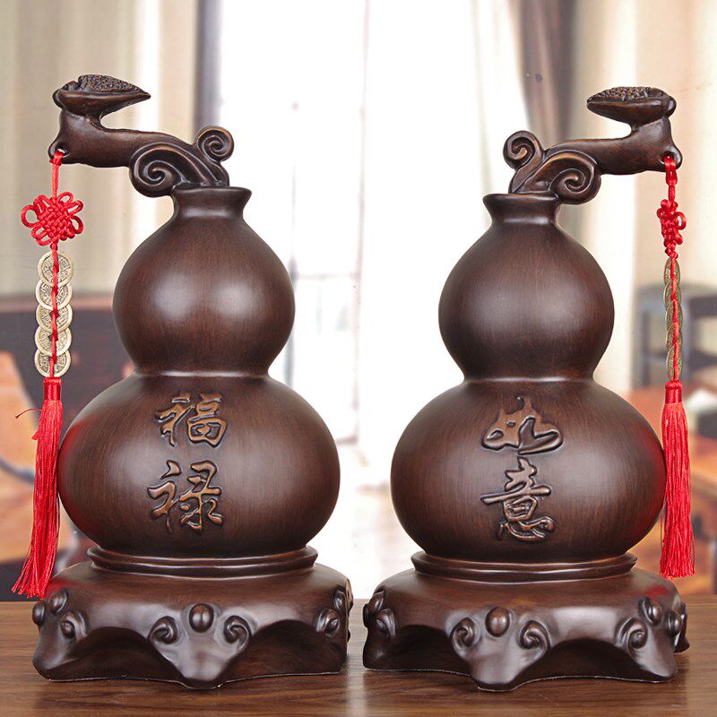 实木雕花葫芦饰品,木质新中式装饰生日礼物一对,客厅入口电视柜饰