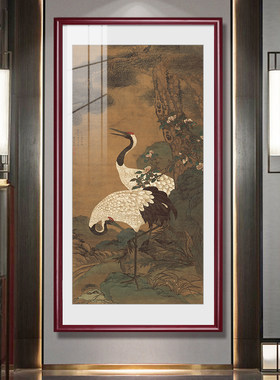 入户玄关画松鹤延年挂画新中式客厅装饰画楼梯走道壁画仙鹤寿桃图