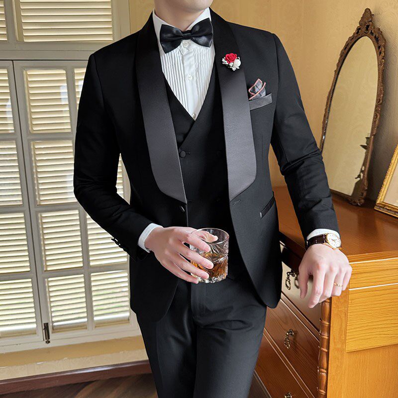 新郎伴郎青果领男士西服外套修身商务宴会结婚套装礼服西装三件套