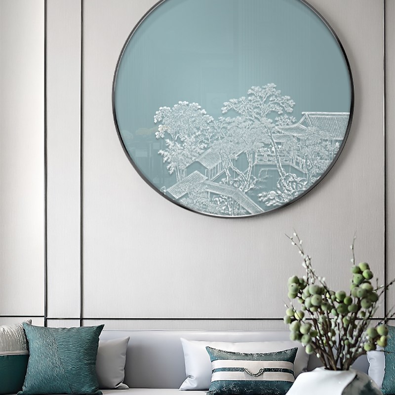 新中式云山楼阁图玄关客厅圆形装饰画立体浮雕书房背景墙挂画禅意