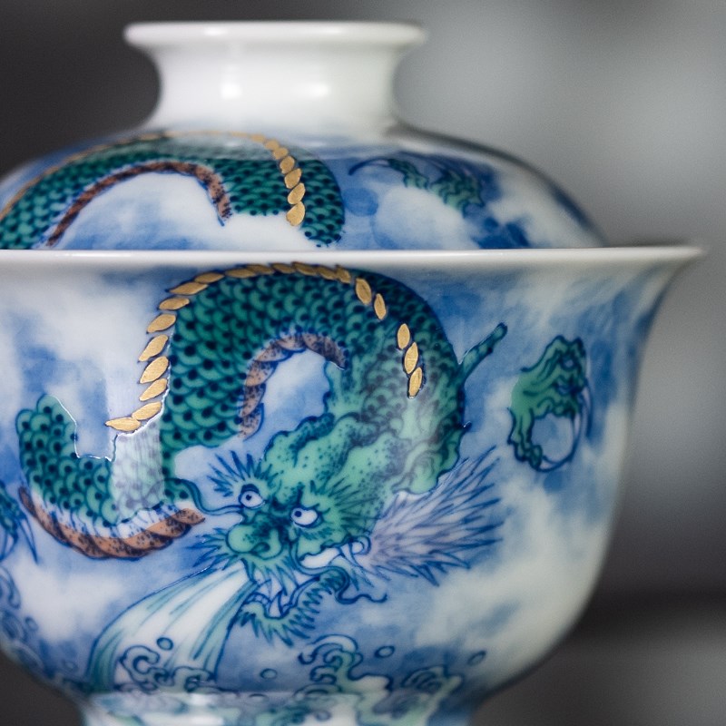 圣山仿古青花斗彩青龙吐息盖碗套组景德镇手绘青花粉彩盖碗茶杯