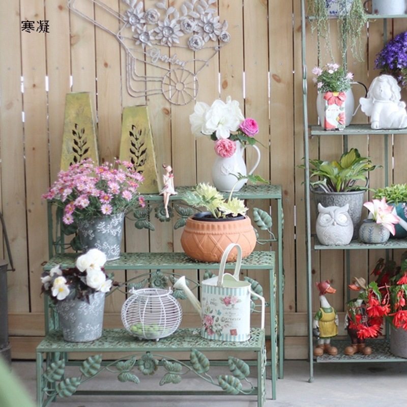 田园复古铁艺落地阶梯形花架阳台花园庭院花店做旧绿萝台阶置物架