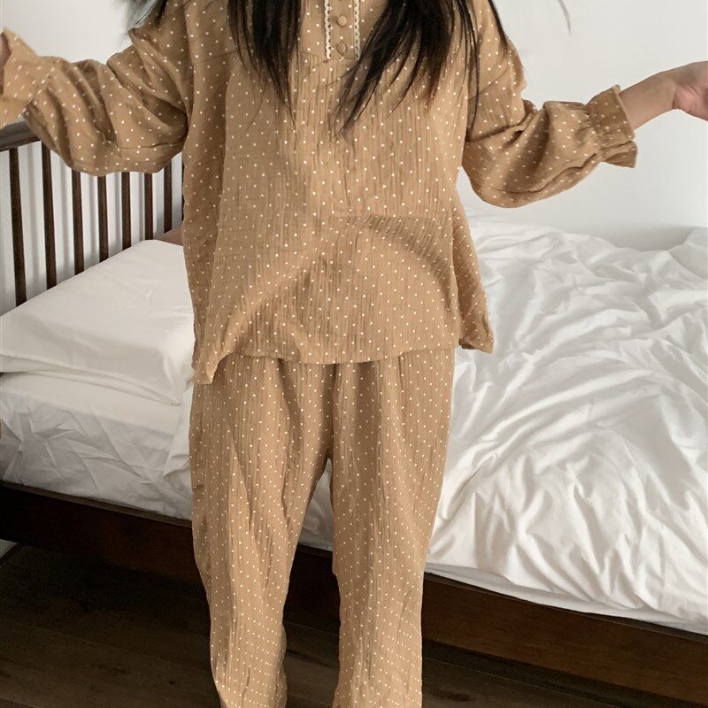 奶栗泡泡棉~咖色家居服早春夏韩国婴儿棉纱宽松少女波点睡衣套装