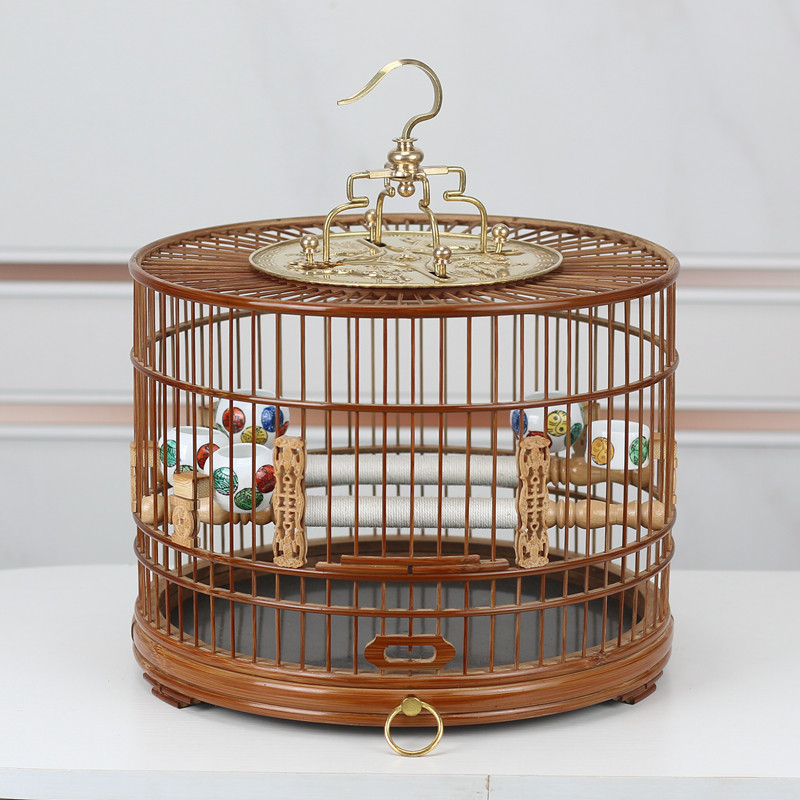 鸟笼红子靛颏鸟笼紫竹老竹皮抛光精品绣眼贝子玉鸟鸟笼带抽屉圆笼