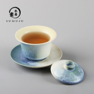 景德镇松针结晶釉三才盖碗茶杯手工窑变茶碗茶备功夫茶具泡茶盖碗