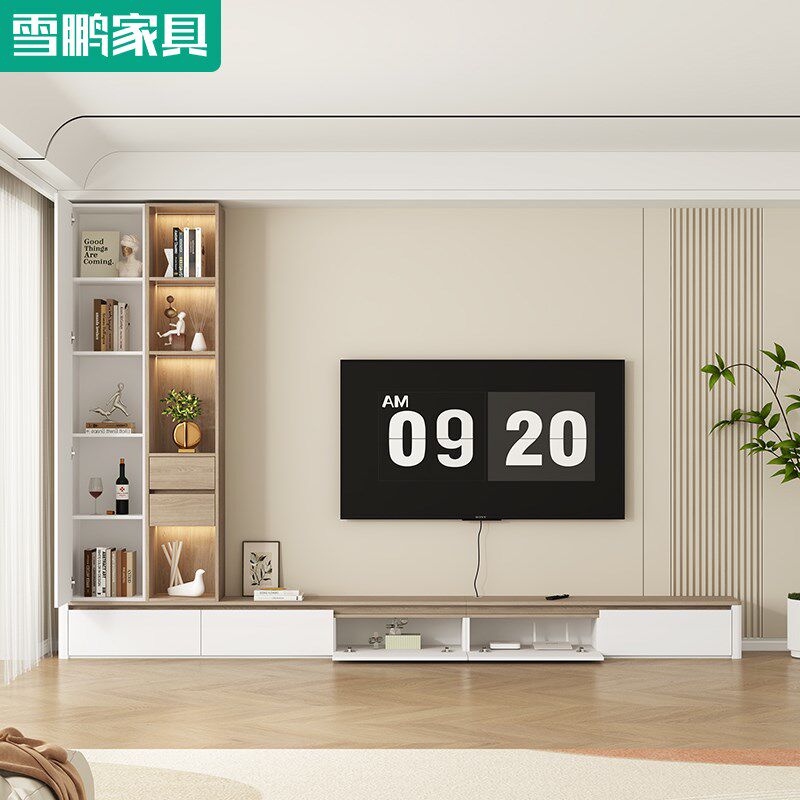 简约客厅落地电视机柜茶几书柜组合背景墙展示储物柜一体6D105