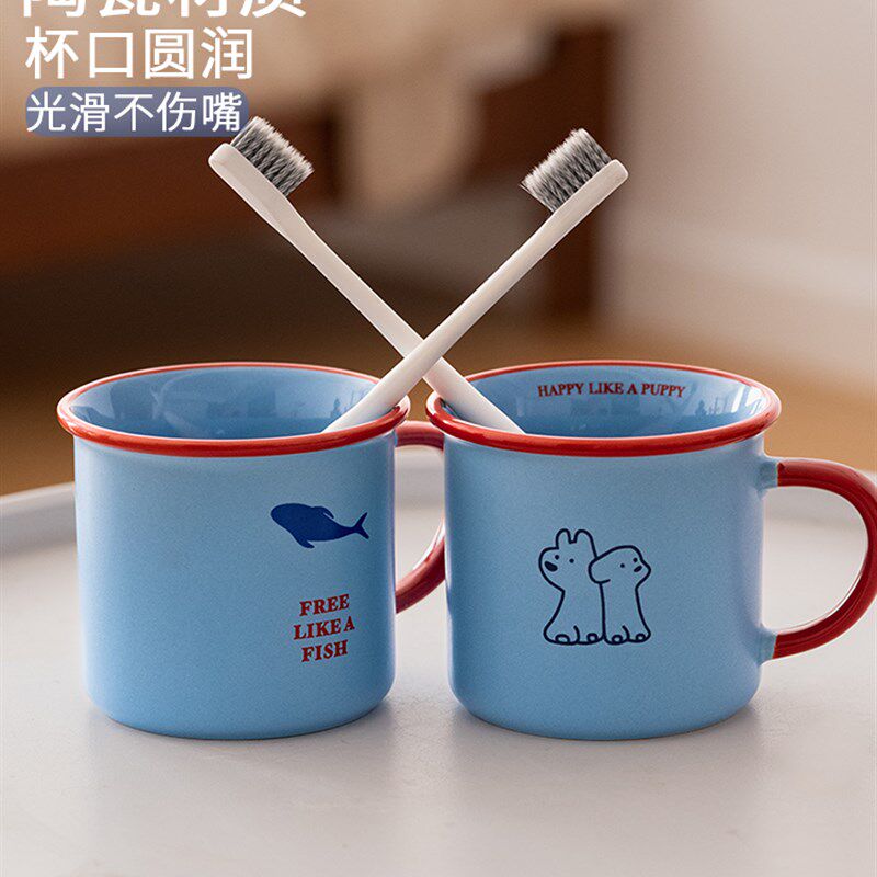 采购产品蓝色三萌陶瓷漱口杯,特美漱口杯,浴室牙齿杯,洗牙杯,三口