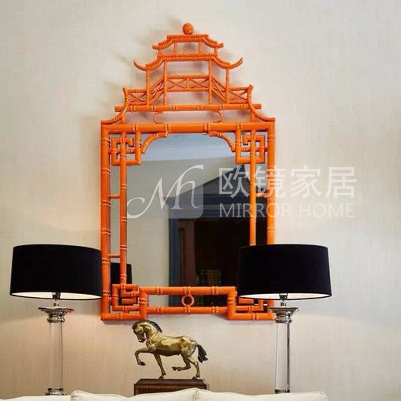 新中式玄关镜客厅背景墙壁炉复古风壁挂装饰镜金箔雕花艺术大镜子