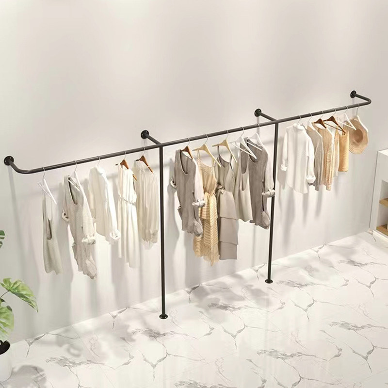 男女装店服装展示架上墙壁挂带落地挂衣架陈列架直杆货架哑光黑