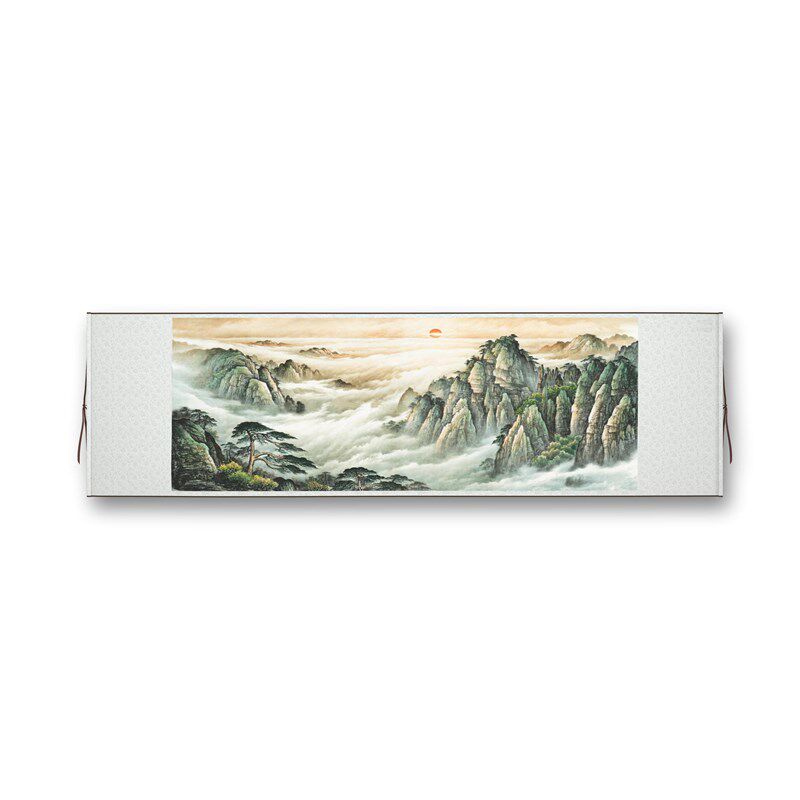 《旭日东升》有山无水迎客松客厅背景墙装饰挂画高清横卷轴字画