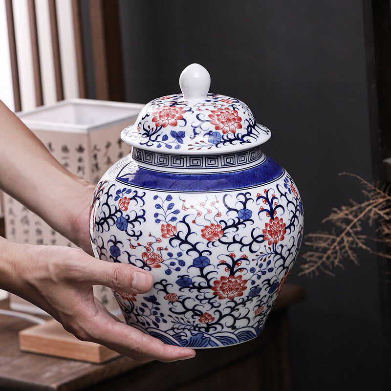 复古青花釉里红陶瓷将军茶叶罐红茶密封罐凤凰单丛茉莉花茶储存罐