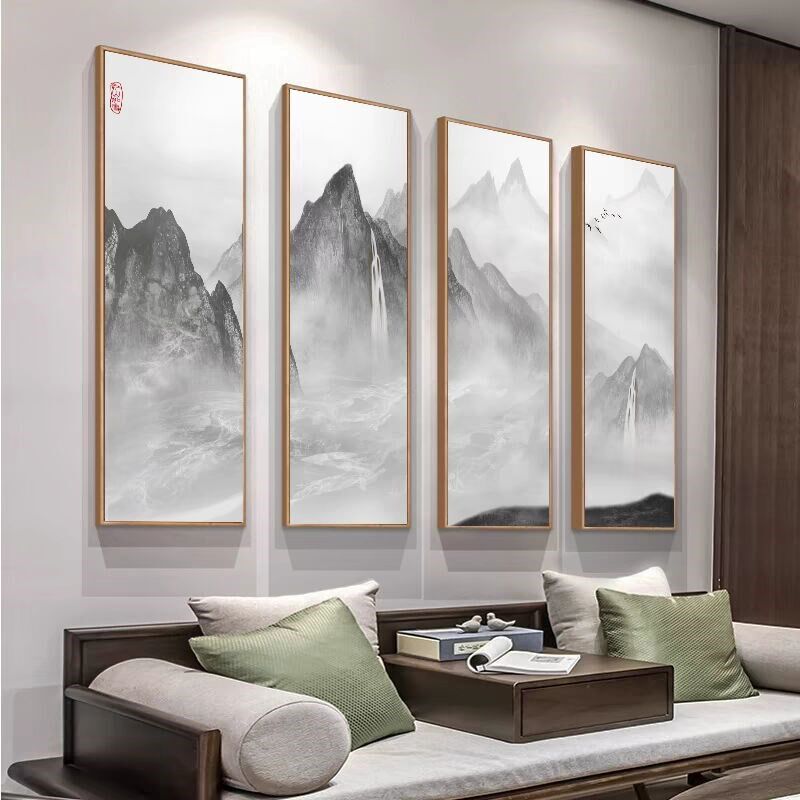 山水画新中式流水生财客厅沙发背景墙壁装饰画办公室靠山图四联画