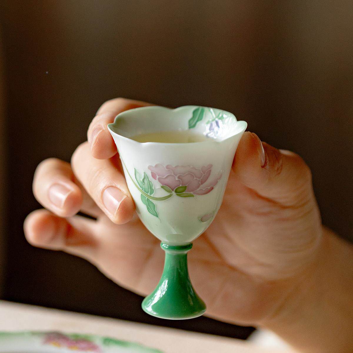 无落绿绮功夫茶具值个专绿绮娇花用女士人杯手绘高足茶杯人高颜品