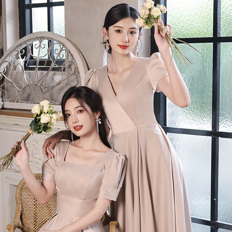 缎面伴娘服女平时可穿2024夏季新款小众高级感婚礼姐妹团晚礼服裙