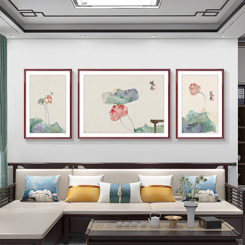 荷花新中式客厅挂画沙发背景墙装饰画大气国风三联画2023新款壁画