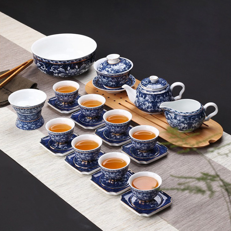 青花瓷盖碗功夫茶具套装小套办公室家用客厅茶艺陶瓷普洱喝茶茶杯
