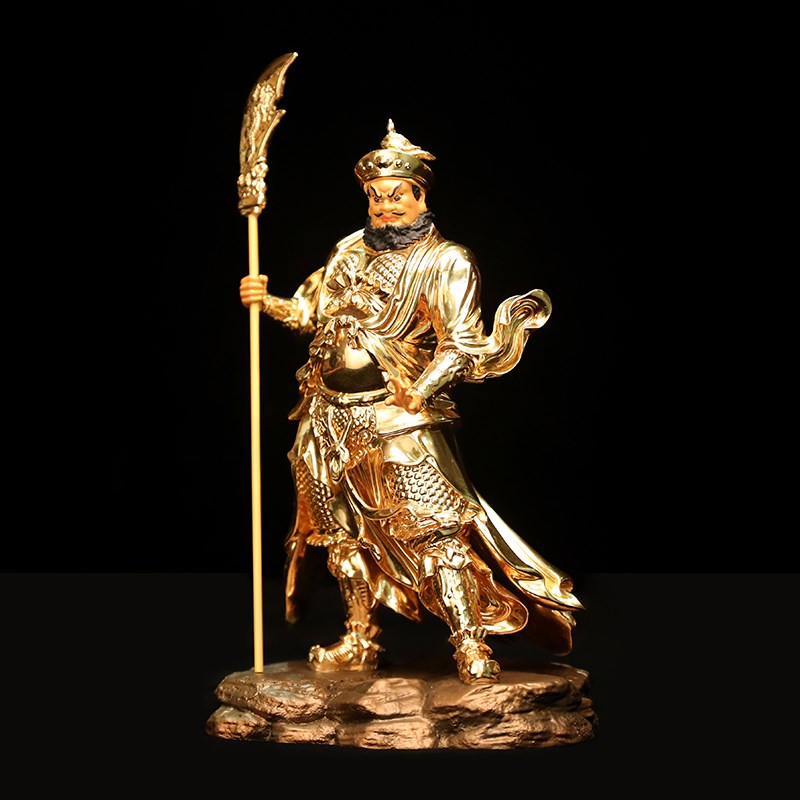 黄铜贴金关公坐像绿袍关二爷神像关羽副将关平周仓护法像关圣帝君