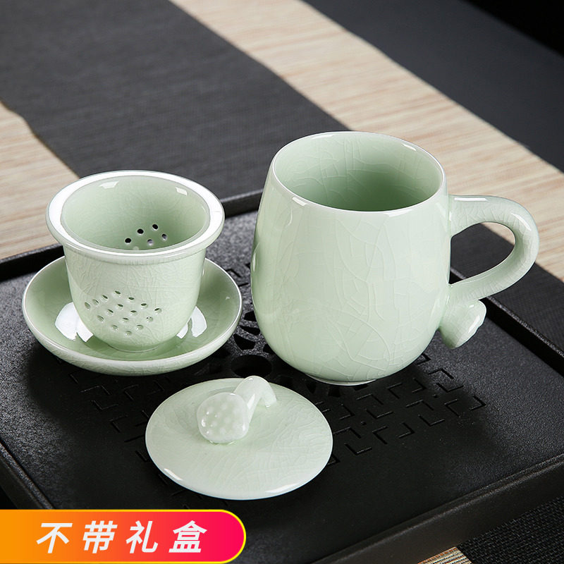 汝窑茶杯冰裂个人杯子办公室茶具带盖子陶瓷四件套过滤开 ??片