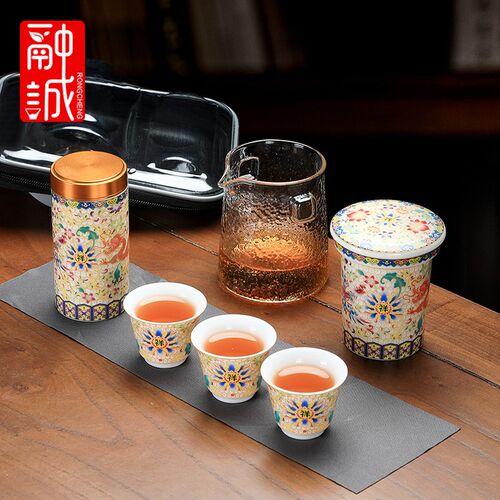 旅行茶具套装陶瓷车载茶水分离杯便携包式玻璃快客杯一壶三杯小套