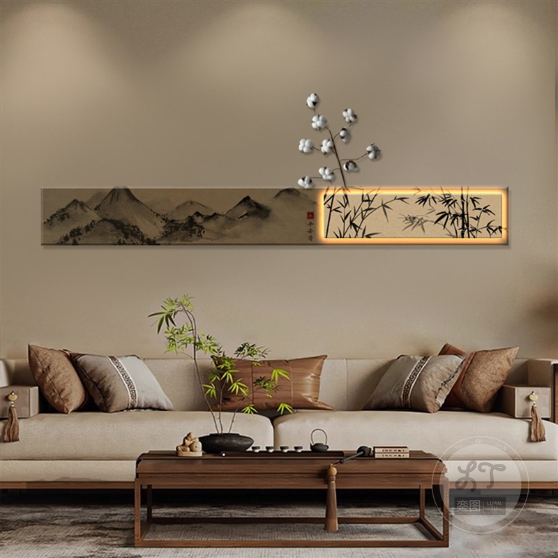 新中式客厅装饰画侘寂风山水花鸟壁画沙发背景墙画氛围感发光灯画