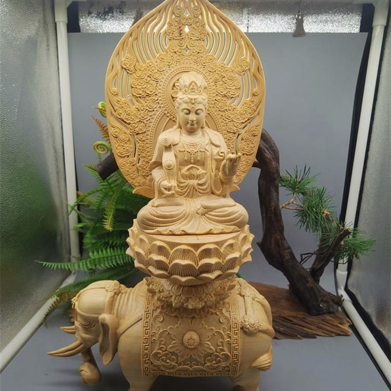 文殊普贤菩萨木雕摆件大号生肖本命佛像家用供奉客厅镇宅招财平安