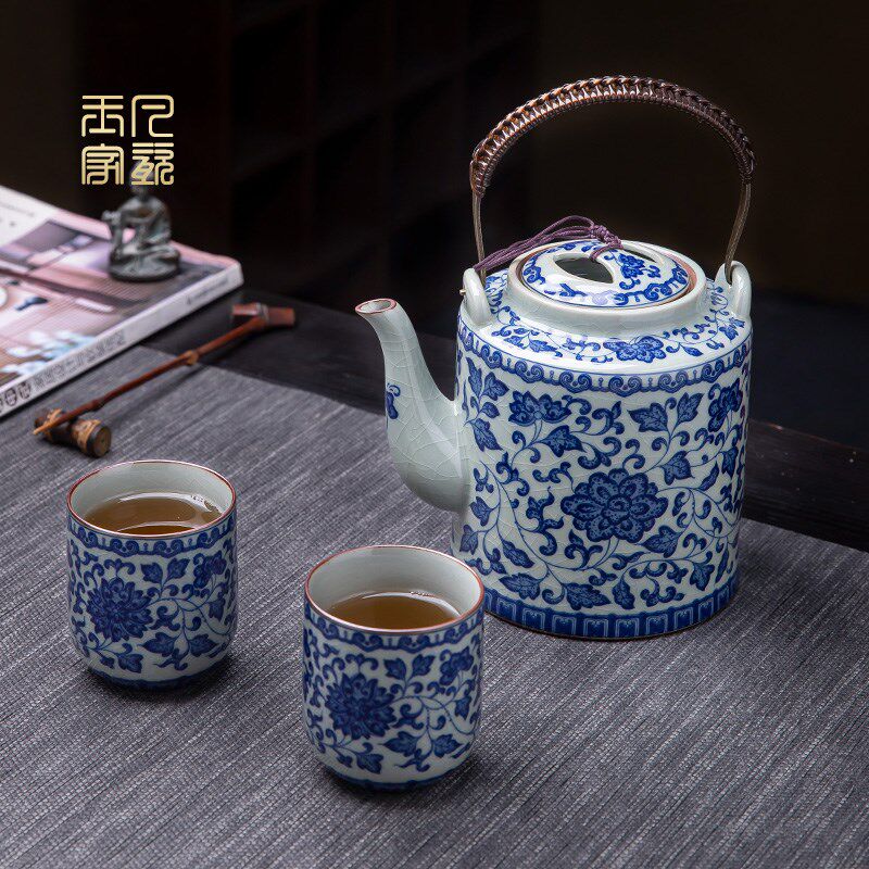 青花瓷功夫茶具套装家用景德镇陶瓷茶壶老陶泥大号提梁壶茶杯整套