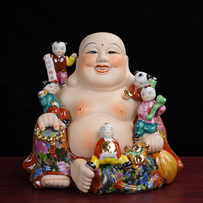 陶瓷五子登科弥勒佛摆件大肚笑佛瓷器佛像工艺品家居客厅摆设