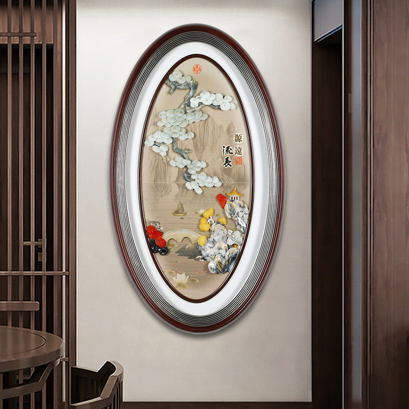 新中式玉雕画入户玄关装饰画走廊过道竖版立体高档大气玉石灯光画