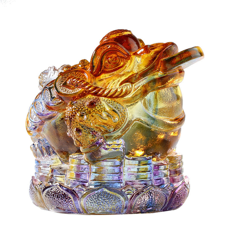 琉璃莲花金蟾摆件 琥珀水晶办公室收银台客厅装饰品开业乔迁礼品