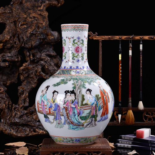 景德镇陶瓷花瓶手绘仕女图仿古粉彩客厅家居装饰品明清古典摆件