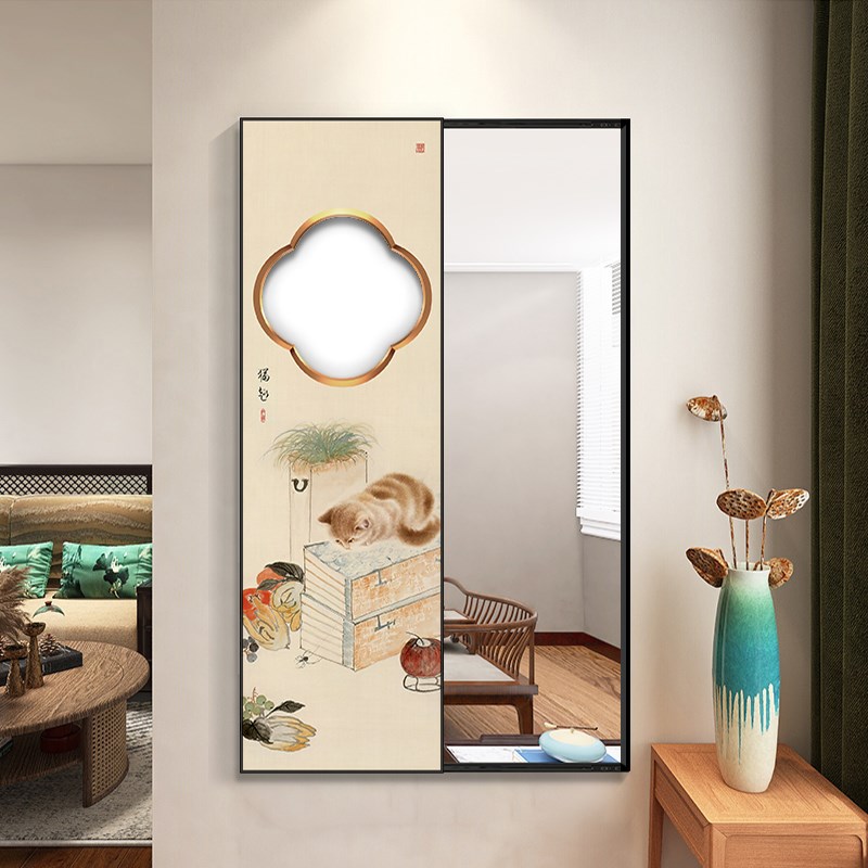 中国风入户门全身镜壁挂式画镂空穿衣镜挂墙推拉可关闭真实不变形