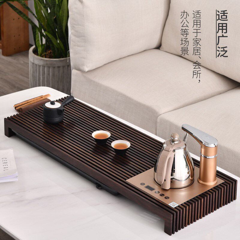 茶锦记黑檀木茶盘实木家用茶台自动烧水一体储水抽屉式茶具托盘