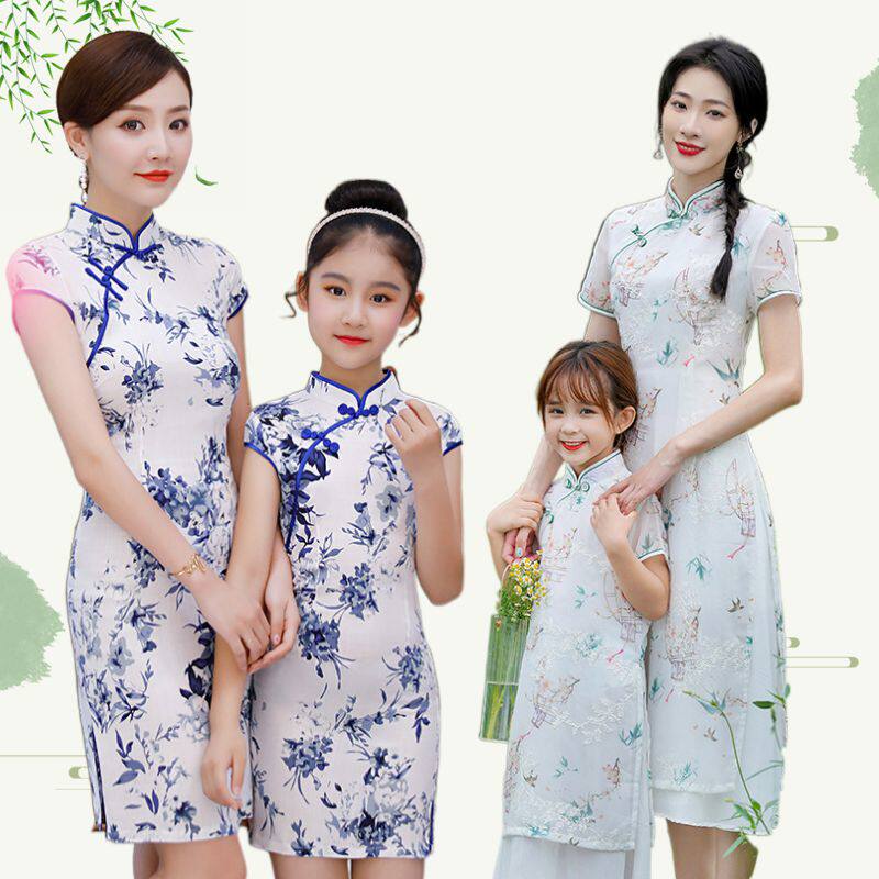 中国风青花瓷旗袍母女装亲子装竹节棉连衣裙新款2022日常修身旗袍