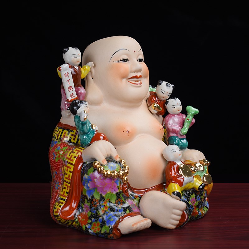 陶瓷五子登科弥勒佛摆件大肚笑佛瓷器佛像工艺品家居客厅摆设