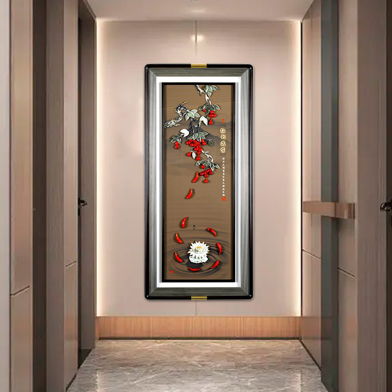 新中式入户玄关装饰画大竖版玉雕5d立体入门LED灯光进门走廊过道