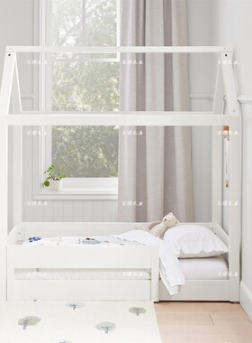 简约儿童床卧室白色木屋房子床定制小户型全实木树屋床帐篷城堡床